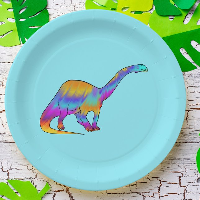 Farbenfrohe Brontosaurus Psychedelic Dinosaurier A Pappteller (Colorful dinosaur brontosaurus paper plate)