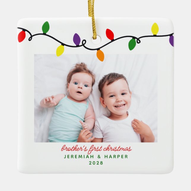 Farbenfrohe Brüder Erste Weihnachtslicht 2 Fotos Keramikornament (Vorderseite)