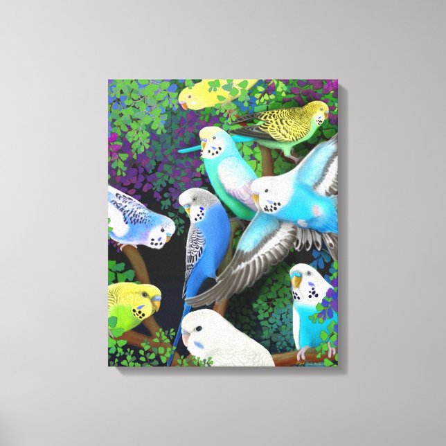 Farbenfrohe Budgerigar-Parakeets ummantelt von Can Leinwanddruck (Vorderseite)
