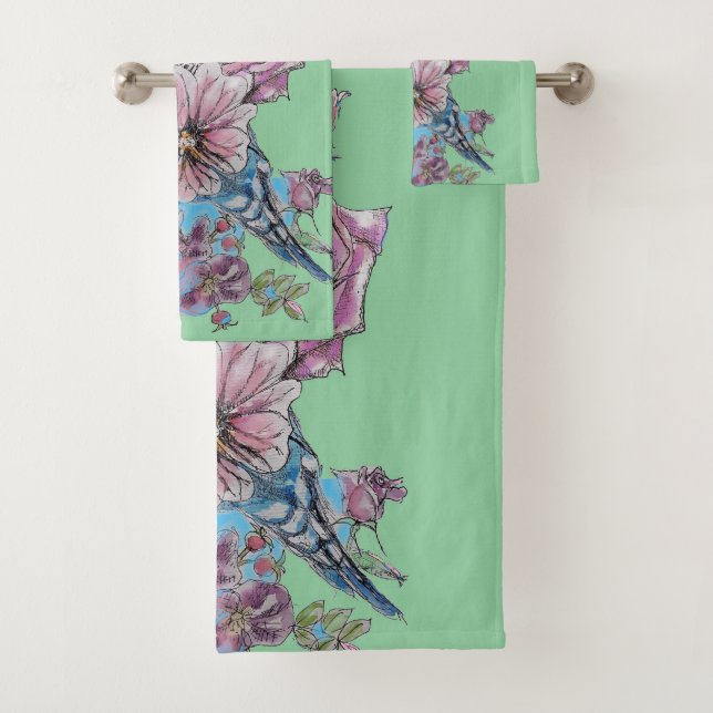 Farbenfrohe Budgie Budgerigar Rose GreenTowel Set (Insitu)