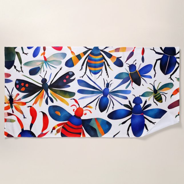 Farbenfrohe Bugs Whimsical Aquarell Insekten Art Strandtuch (Vorderseite)