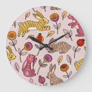 Farbenfrohe Bunnies: Niedliche Blüte Vintag. Große Wanduhr