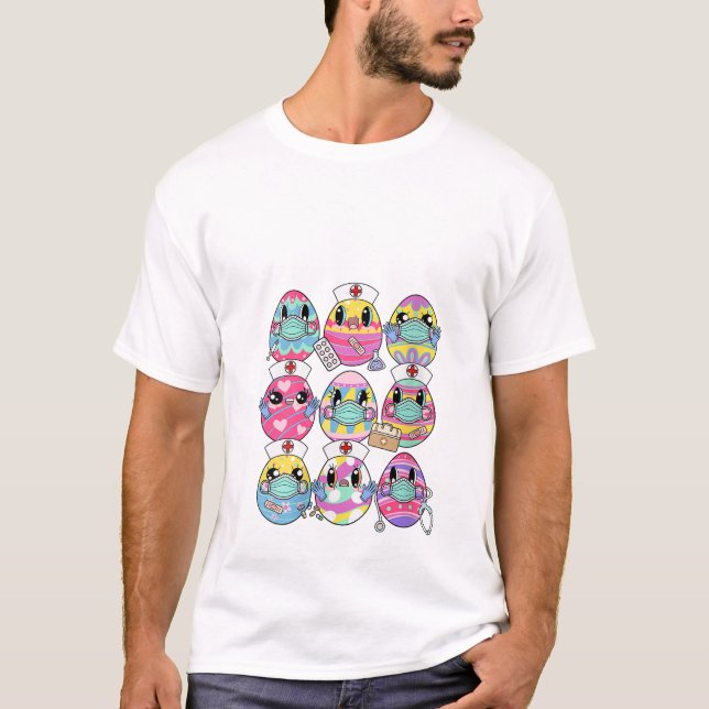 Farbenfrohe Bunny Eggs Osterfeier T-Shirt (Vorderseite)