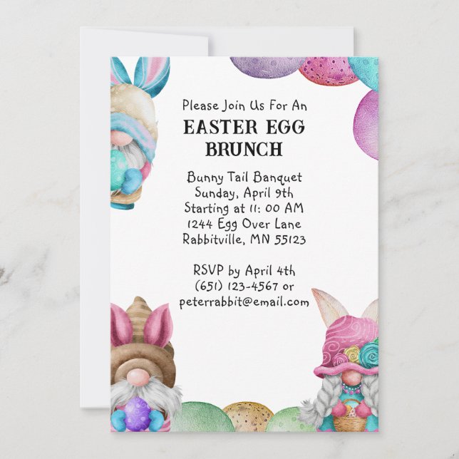 Farbenfrohe Bunny Gnomes & Eggs Osterbrunch Einladung (Vorderseite)