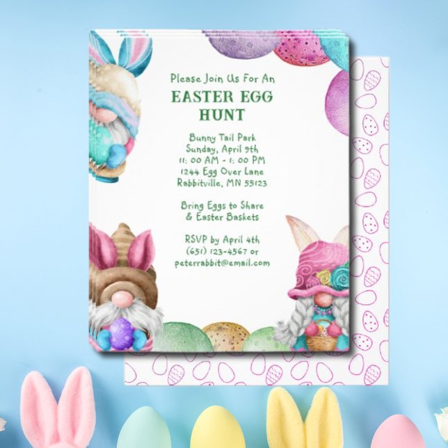 Farbenfrohe Bunny Gnomes Ostereier Einladung Flyer (Colorful Bunny Gnomes Easter Egg Hunt Invitation Flyer)