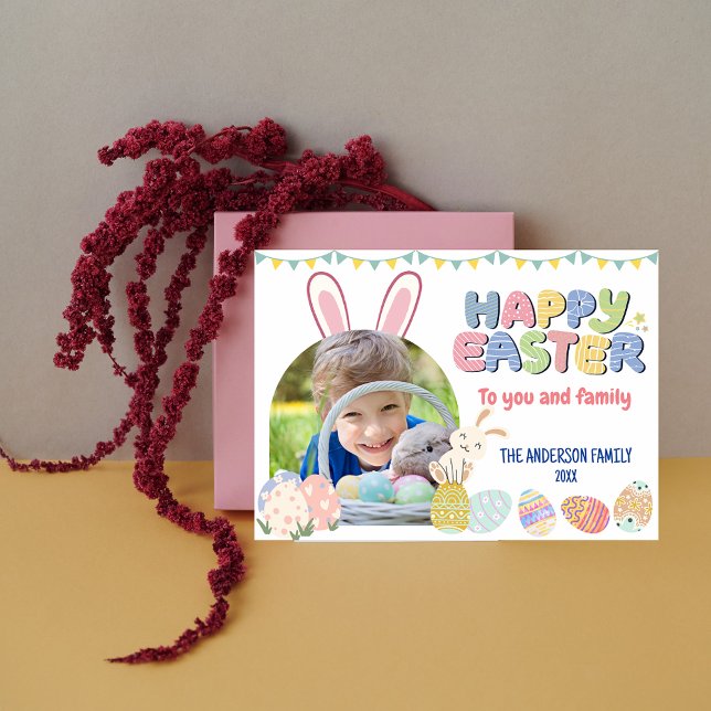 Farbenfrohe Bunny Ostereier Fotokarte Dankeskarte (Colorful Bunny Easter Egg Photo Card)