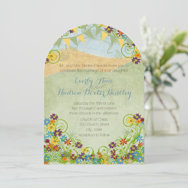 Farbenfrohe bunt Pennant Wirble Blumenhochzeit Einladung (Stehend Vorderseite)