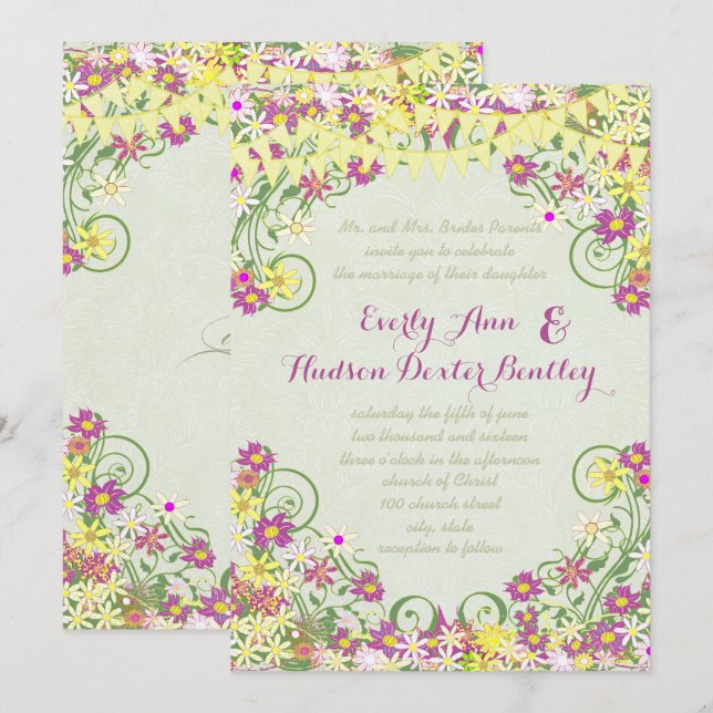 Farbenfrohe bunt Pennant Wirble Blumenhochzeit Einladung (Vorne/Hinten)