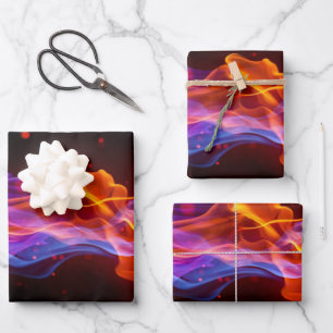 Farbenfrohe, bunte Flammen Geschenkpapier Set