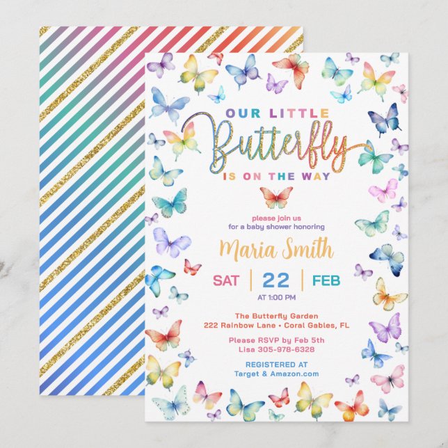 Farbenfrohe Butterfly Baby Dusche Einladung (Vorne/Hinten)
