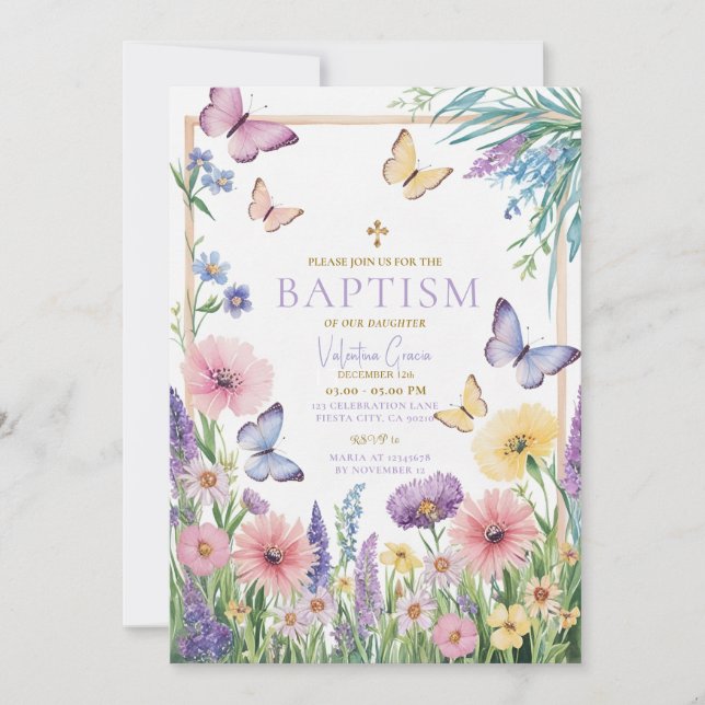 Farbenfrohe Butterfly Girl Taufe Gold Cross Blume Einladung (Vorderseite)