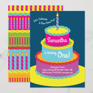 Farbenfrohe Cake1st Geburtstag Niedliche Einladung