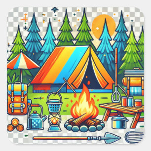 Farbenfrohe Camping Vibes - Abenteuer erwartet Sie Quadratischer Aufkleber