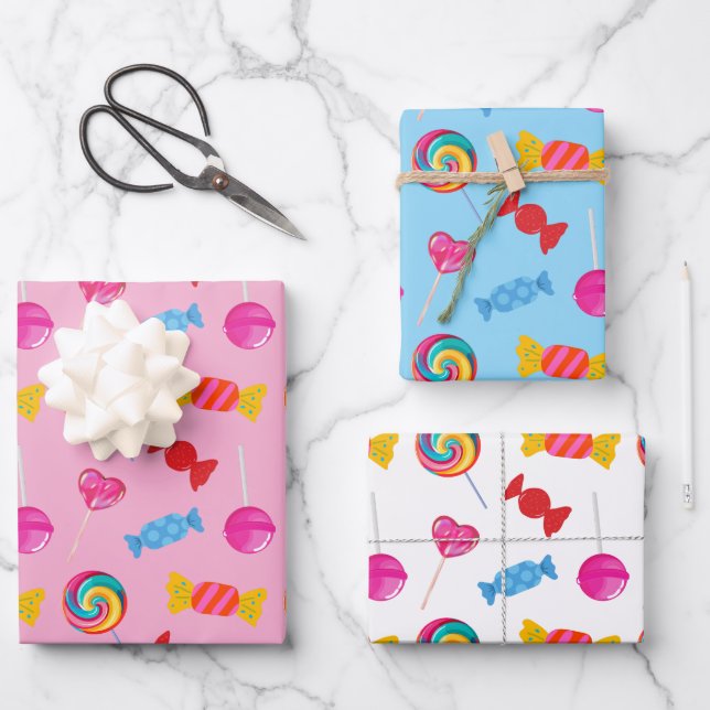Farbenfrohe Candy & Lollipop Muster Geschenkpapier Set (Vorderseite)