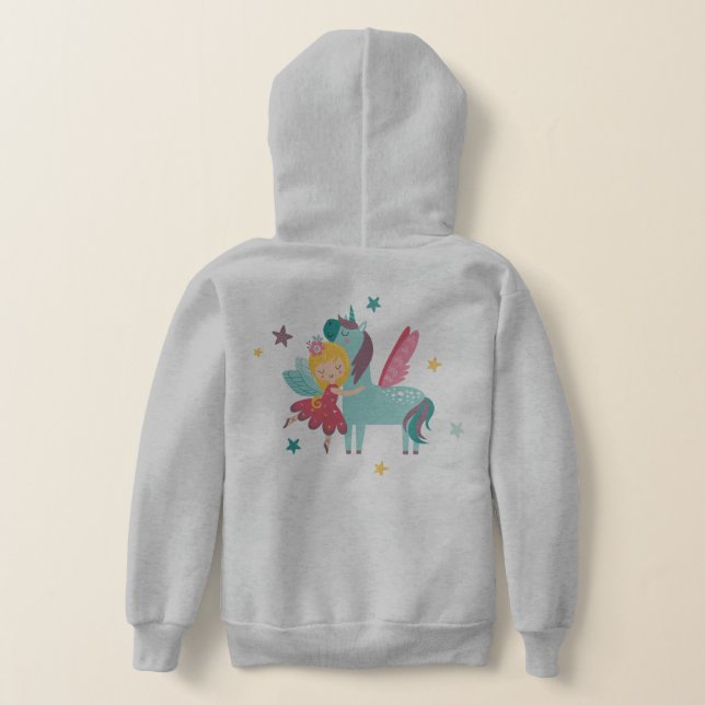 Farbenfrohe Cartoon Fee und Einhorn Hoodie (AblageHinten)