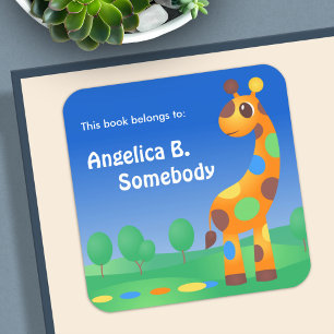 Farbenfrohe Cartoon Giraffe Buchzeichen Quadratischer Aufkleber