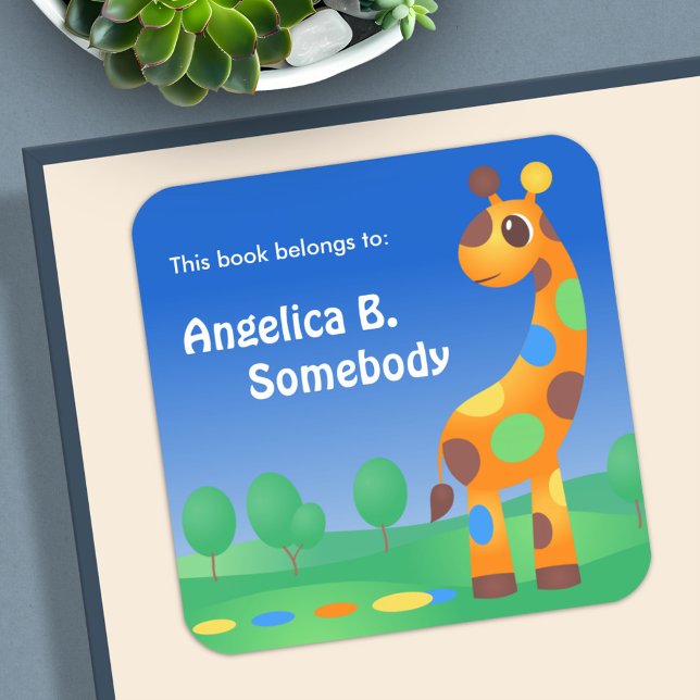 Farbenfrohe Cartoon Giraffe Buchzeichen Quadratischer Aufkleber (Von Creator hochgeladen)
