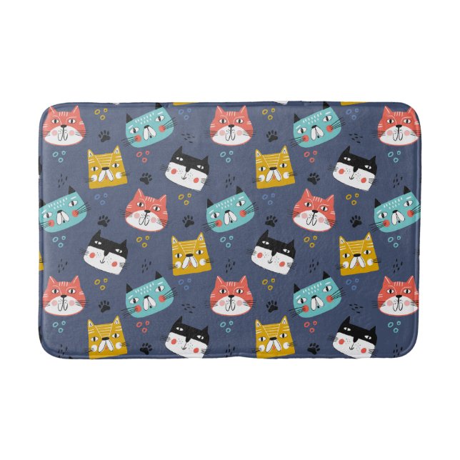 Farbenfrohe Cartoon Katzengesichte auf blauem Bath Badematte (Vorderseite)