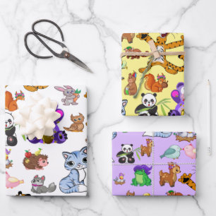 Farbenfrohe Cartoon Tiere Geschenkpapier Set