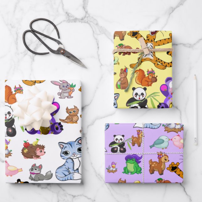 Farbenfrohe Cartoon Tiere Geschenkpapier Set (Vorderseite)
