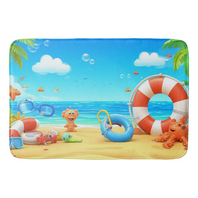Farbenfrohe Cartoon Tropical Beach Szene Badematte (Vorderseite)