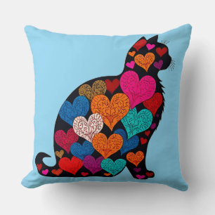 Farbenfrohe Cat-Silhouette mit lebendigem Herzmust Kissen