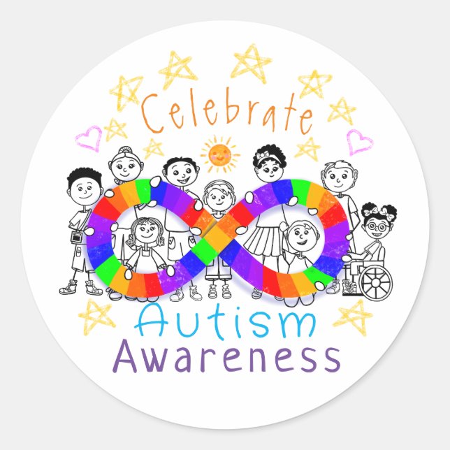 Farbenfrohe Celebrate Autismus Awareness Fun Stick Runder Aufkleber (Vorderseite)