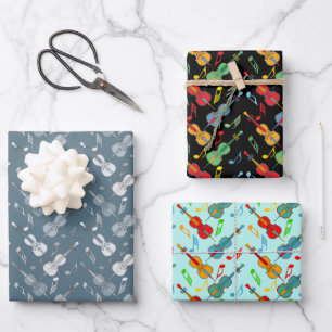 Farbenfrohe Cello-Musiknoten, die Papierblätter um Geschenkpapier Set