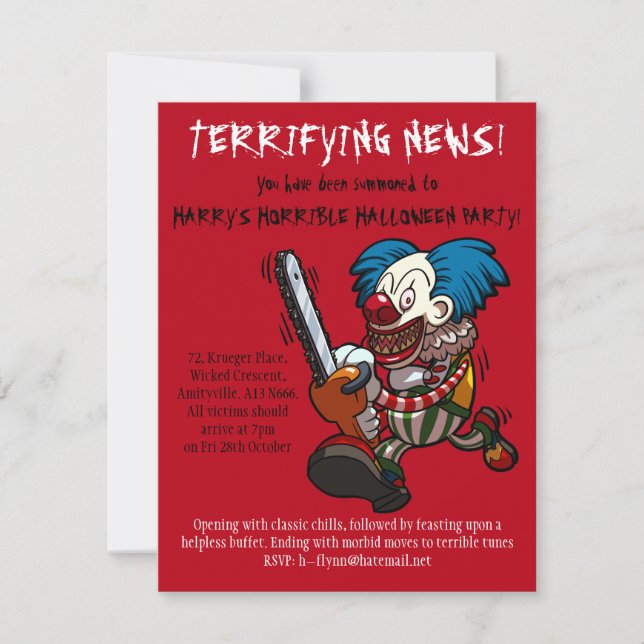 Farbenfrohe Chainsaw Clown Halloween-Party Cartoon Einladung (Vorderseite)