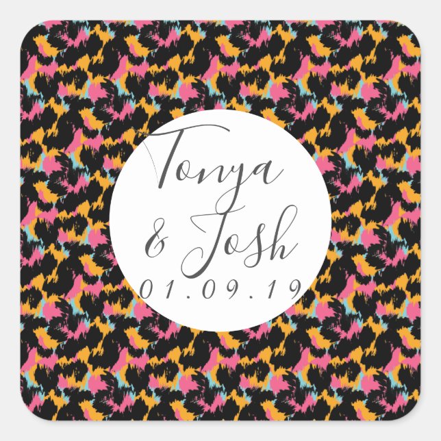Farbenfrohe Cheetah Print Pattern Moderne Hochzeit Quadratischer Aufkleber (Vorderseite)