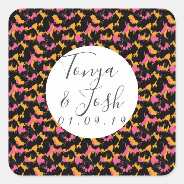 Farbenfrohe Cheetah Print Pattern Moderne Hochzeit Quadratischer Aufkleber (Vorderseite)