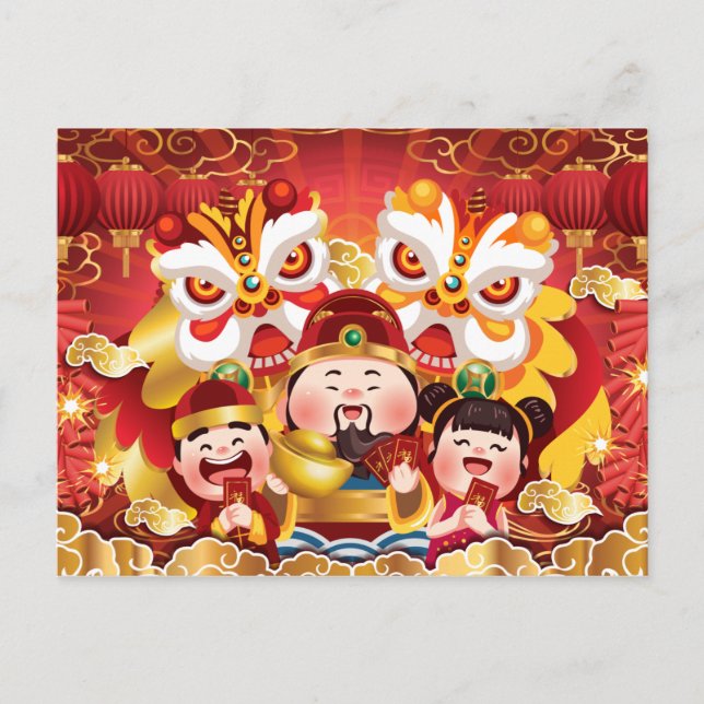 Farbenfrohe chinesische New Year Drachen & People Postkarte (Vorderseite)