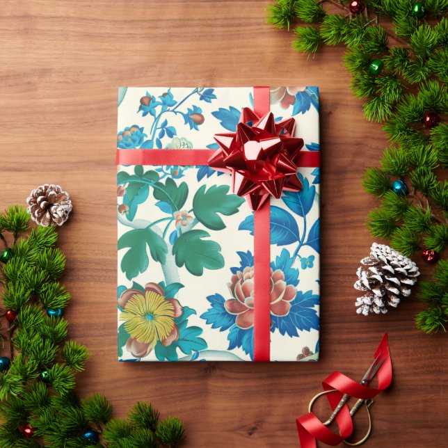 Farbenfrohe Chinoiserie Traditionelles, florales M Geschenkpapier (Feiertagsgeschenk)