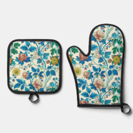 Farbenfrohe Chinoiserie Traditionelles, florales M Ofenhandschuh & Topflappen-Set