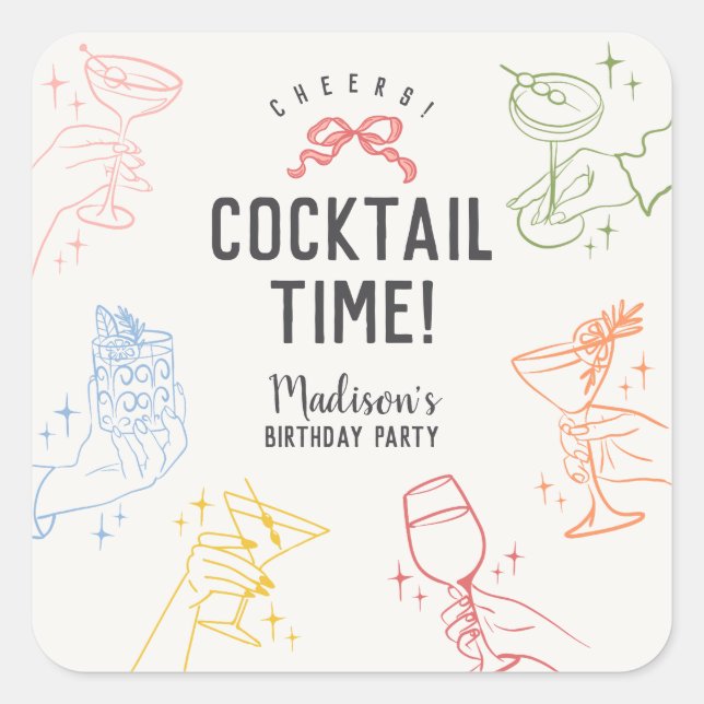 Farbenfrohe Cocktail Party Retro Birthday Umschlag Quadratischer Aufkleber (Vorderseite)