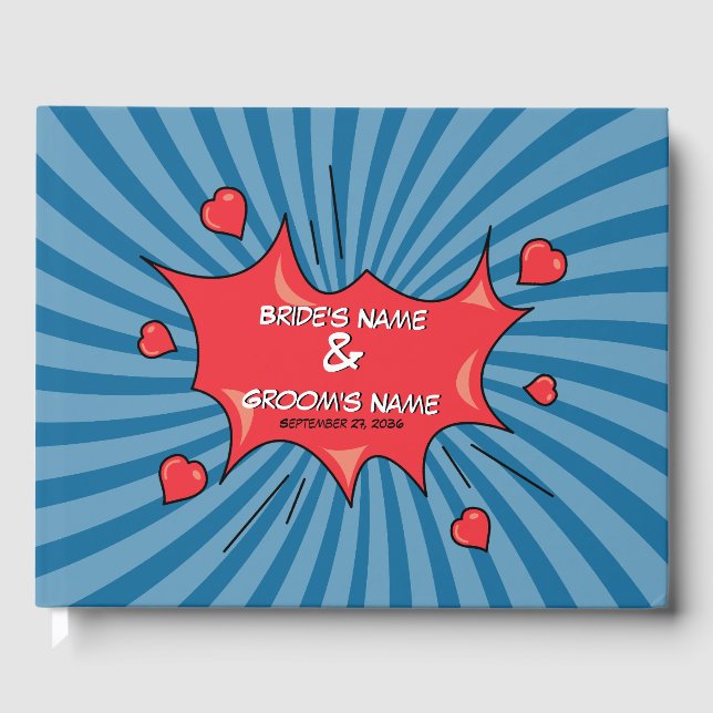 Farbenfrohe Comic Book Pop Art Wedding Gästebuch (Vorderseite)