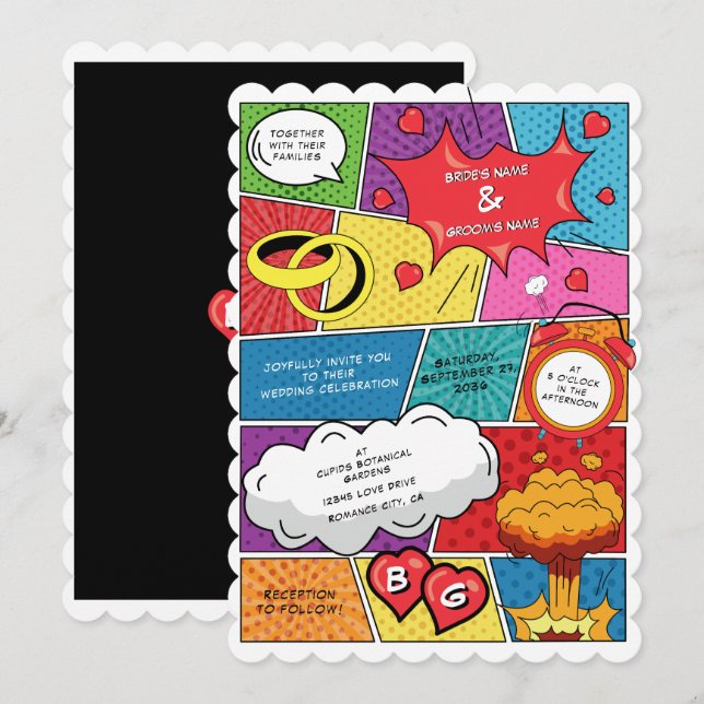 Farbenfrohe Comic Buch Pop Hochzeit Einladung (Vorne/Hinten)