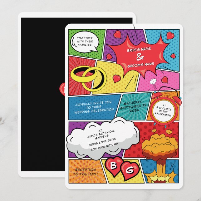 Farbenfrohe Comic Buch Pop Hochzeit Einladung (Vorne/Hinten)