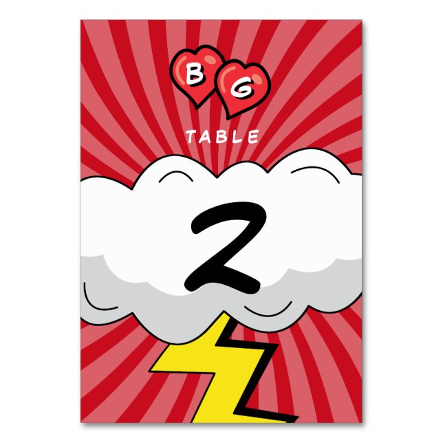 Farbenfrohe Comic Buch Pop Hochzeit Tischnummer (Vorderseite)