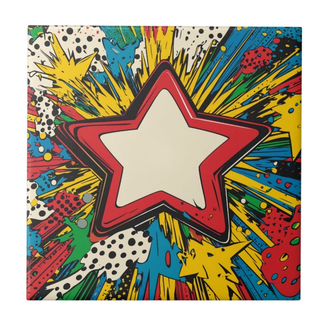 Farbenfrohe Comic Pop Kunst Sternexplosion Explosi Fliese (Vorderseite)