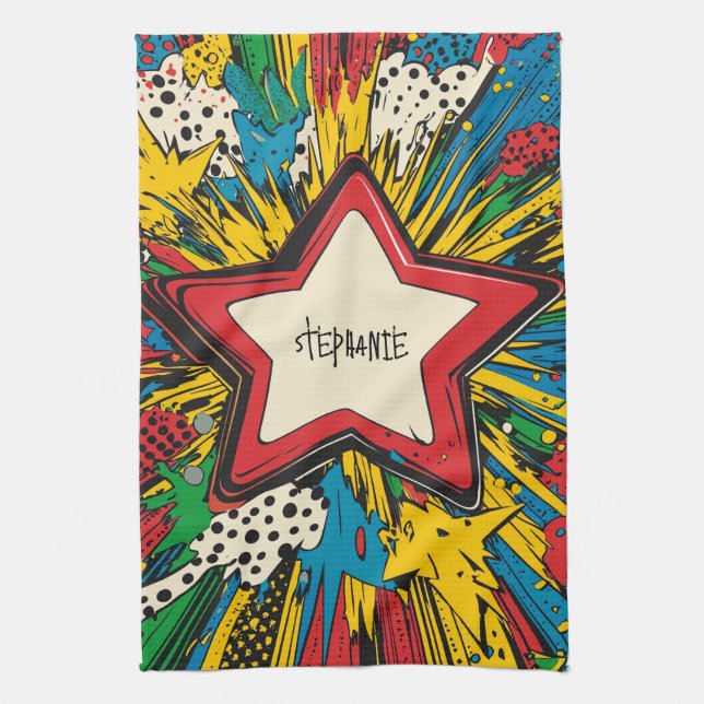 Farbenfrohe Comic Pop Kunst Sternexplosion Explosi Geschirrtuch (Vertikal)