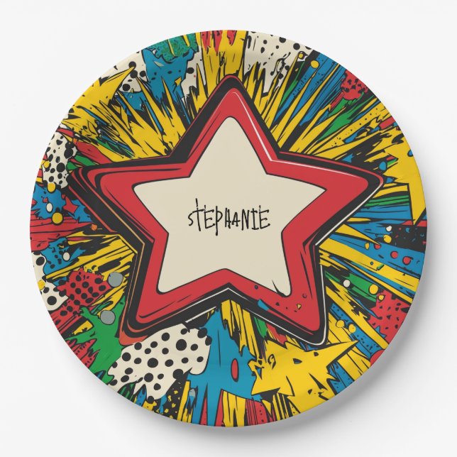 Farbenfrohe Comic Pop Kunst Sternexplosion Explosi Pappteller (Vorderseite)
