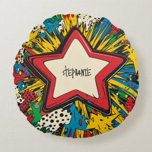 Farbenfrohe Comic Pop Kunst Sternexplosion Explosi Rundes Kissen