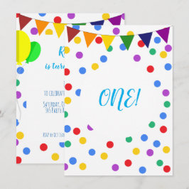 Farbenfrohe Confetti Dots and Balloons 1. Geburtst Einladung