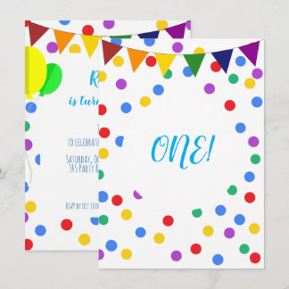 Farbenfrohe Confetti Dots and Balloons 1. Geburtst Einladung