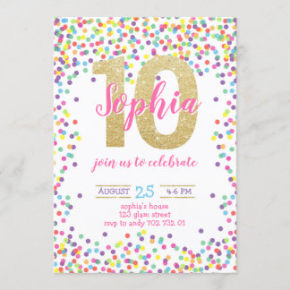 Farbenfrohe Confetti Gold Number Girl 10. Geburtst Einladung