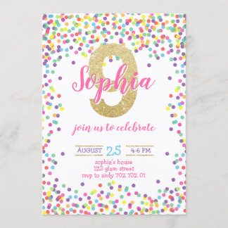 Farbenfrohe Confetti Gold Number Girl 9. Geburtsta Einladung