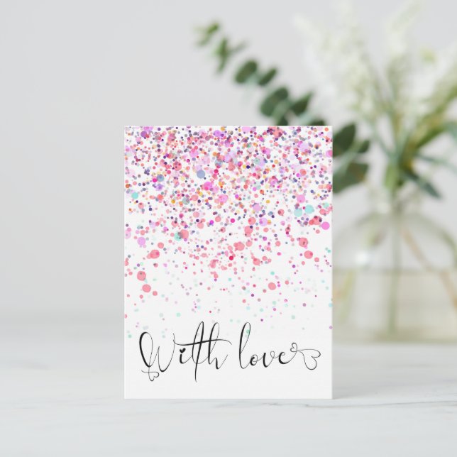 Farbenfrohe Confetti mit Liebe pink Postkarte (Stehend Vorderseite)