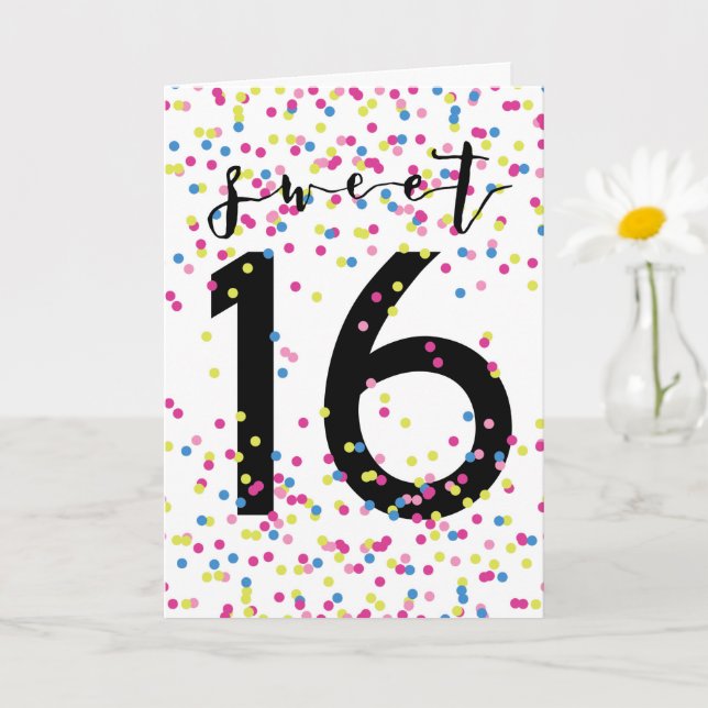 Farbenfrohe Confetti Sweet 16 Karte (Kleine Pflanze)