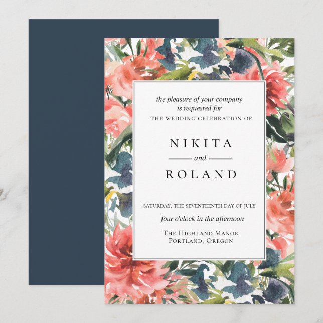 Farbenfrohe Coral Dahlia Blues Hochzeitseinladung Einladung (Vorne/Hinten)